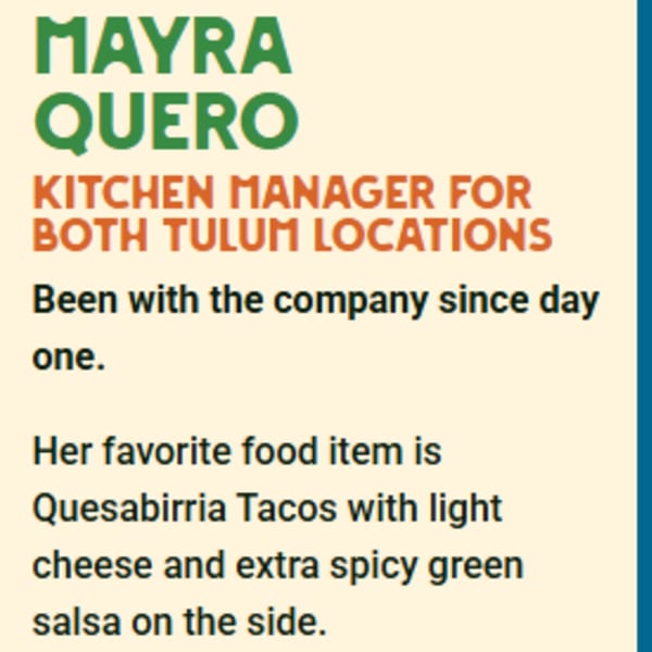 Text describing Mayra Quero, Kitchen Manager for Tulum Fresh Mexican Grill, and her favorite food.