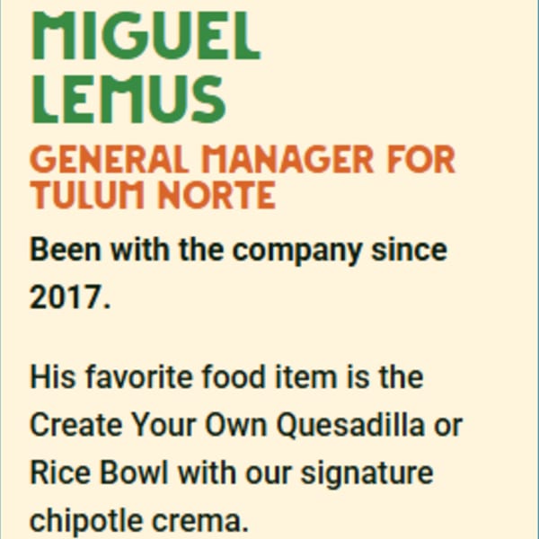 Text describing Miguel Lemus, General Manager for Tulum Norte, and his favorite food.
