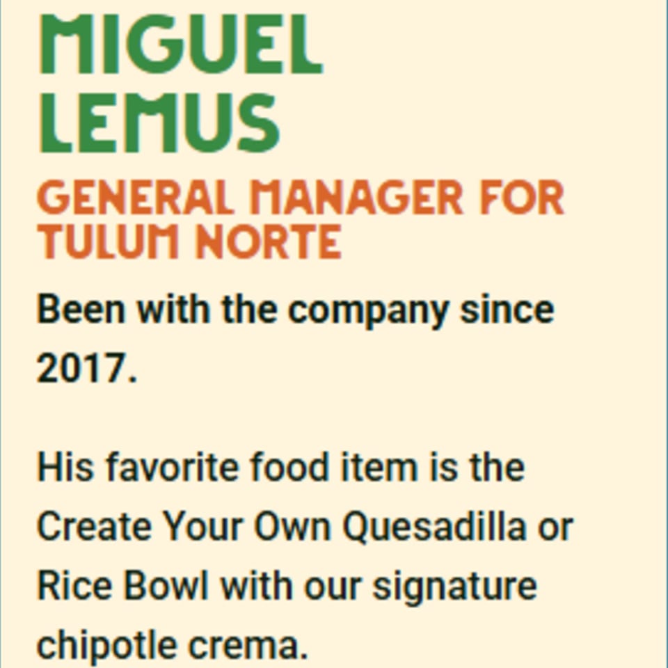 Text describing Miguel Lemus, General Manager for Tulum Norte, and his favorite food.