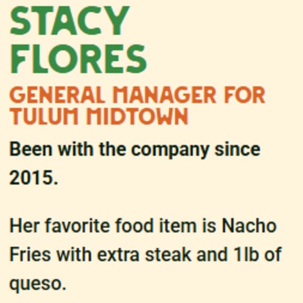 Text describing Stacy Flores, General Manager for Tulum Midtown, her tenure, and favorite food.