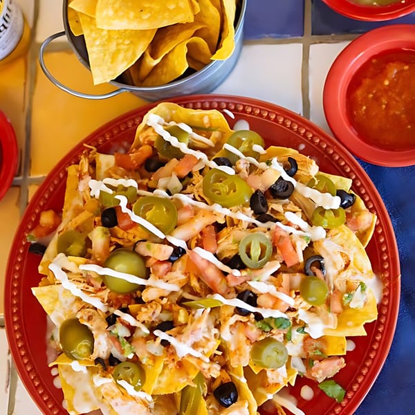 Tulum Fresh Mexican Grill's chicken nachos with jalapeños, olives, and sour cream, alongside chips and salsa.